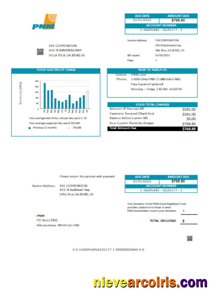 New Mexico PNM easy fillable utility business bill